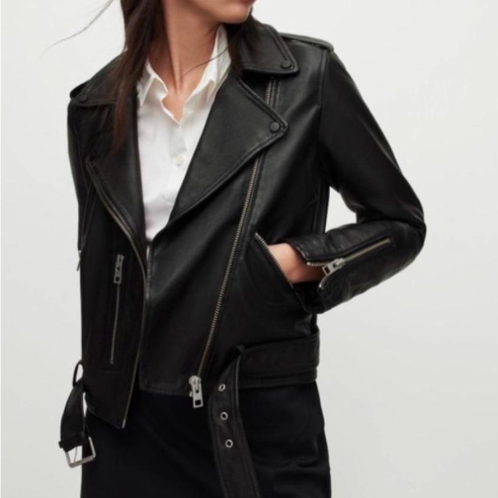 allsaints balfern leather biker jacket in black